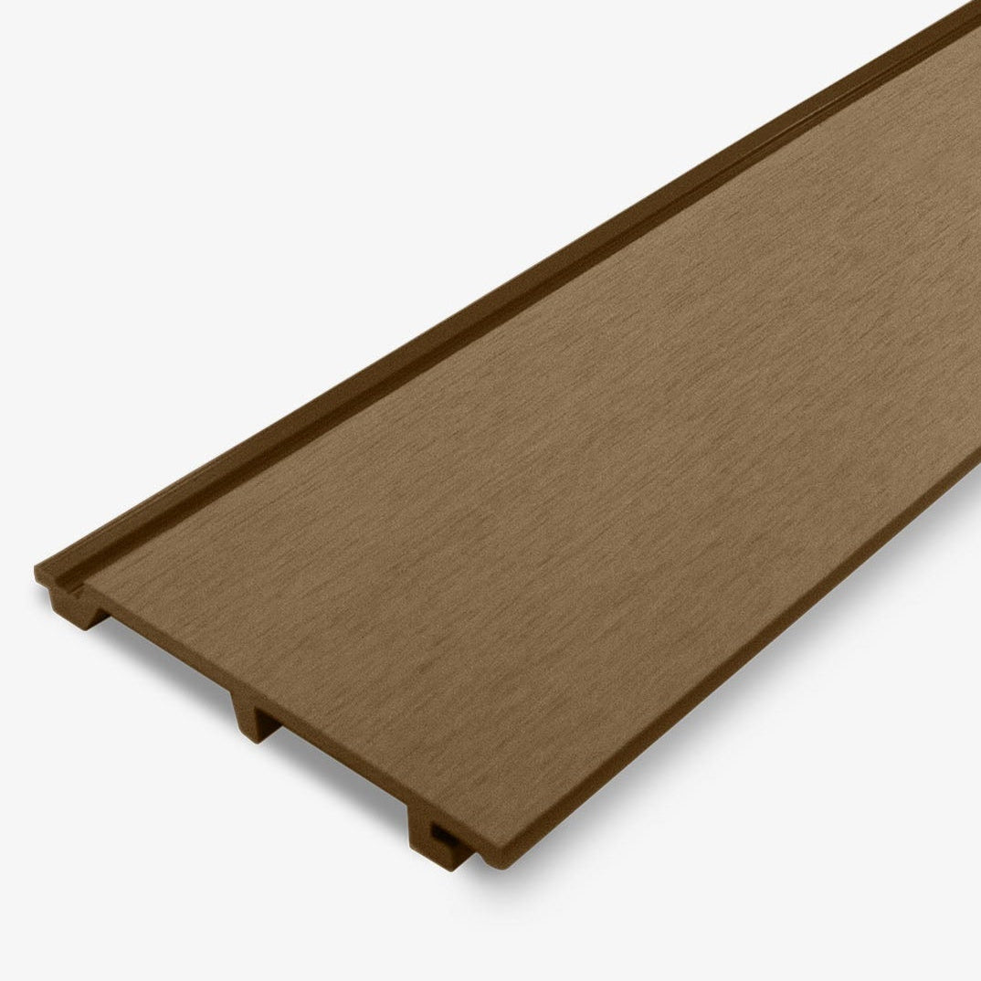 A walnut brown composite cladding board on a white background.