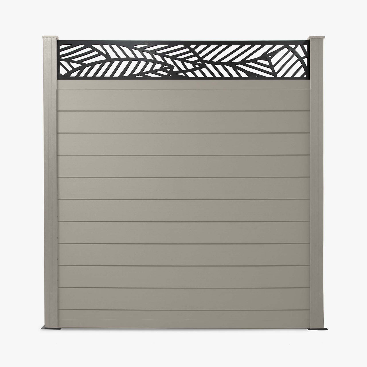 A light grey composite fence panel with a leaf pattern trellis topper.