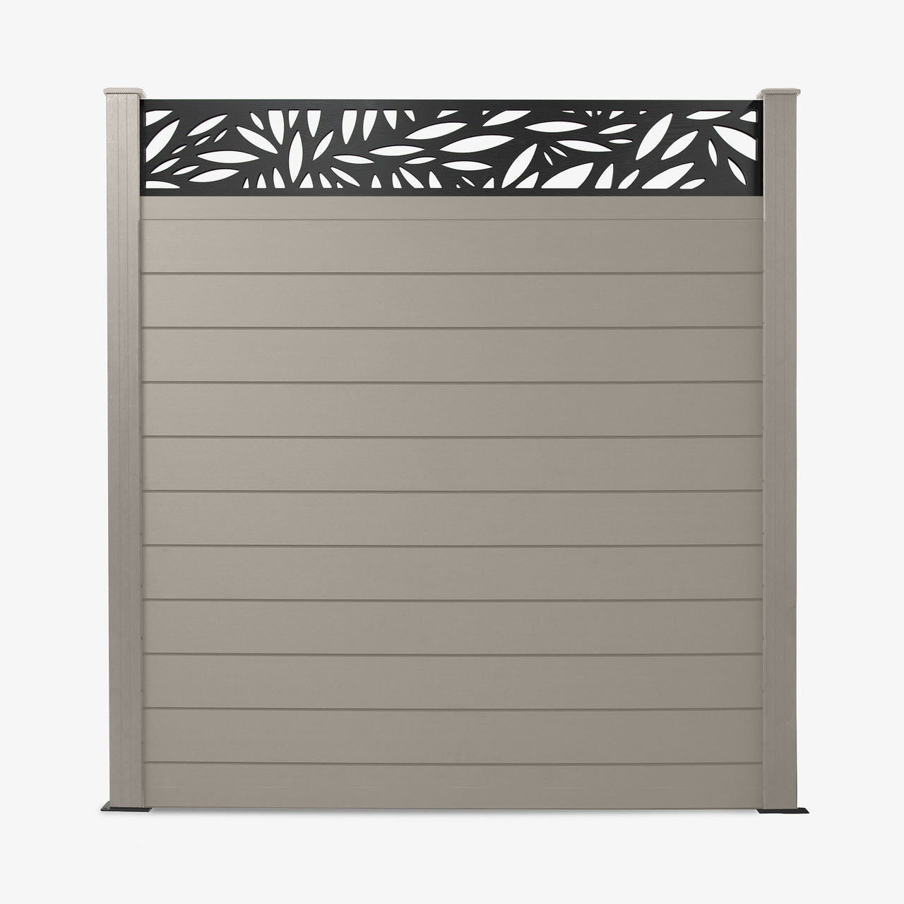 A light grey composite fence panel with a geometric leaf pattern trellis topper.