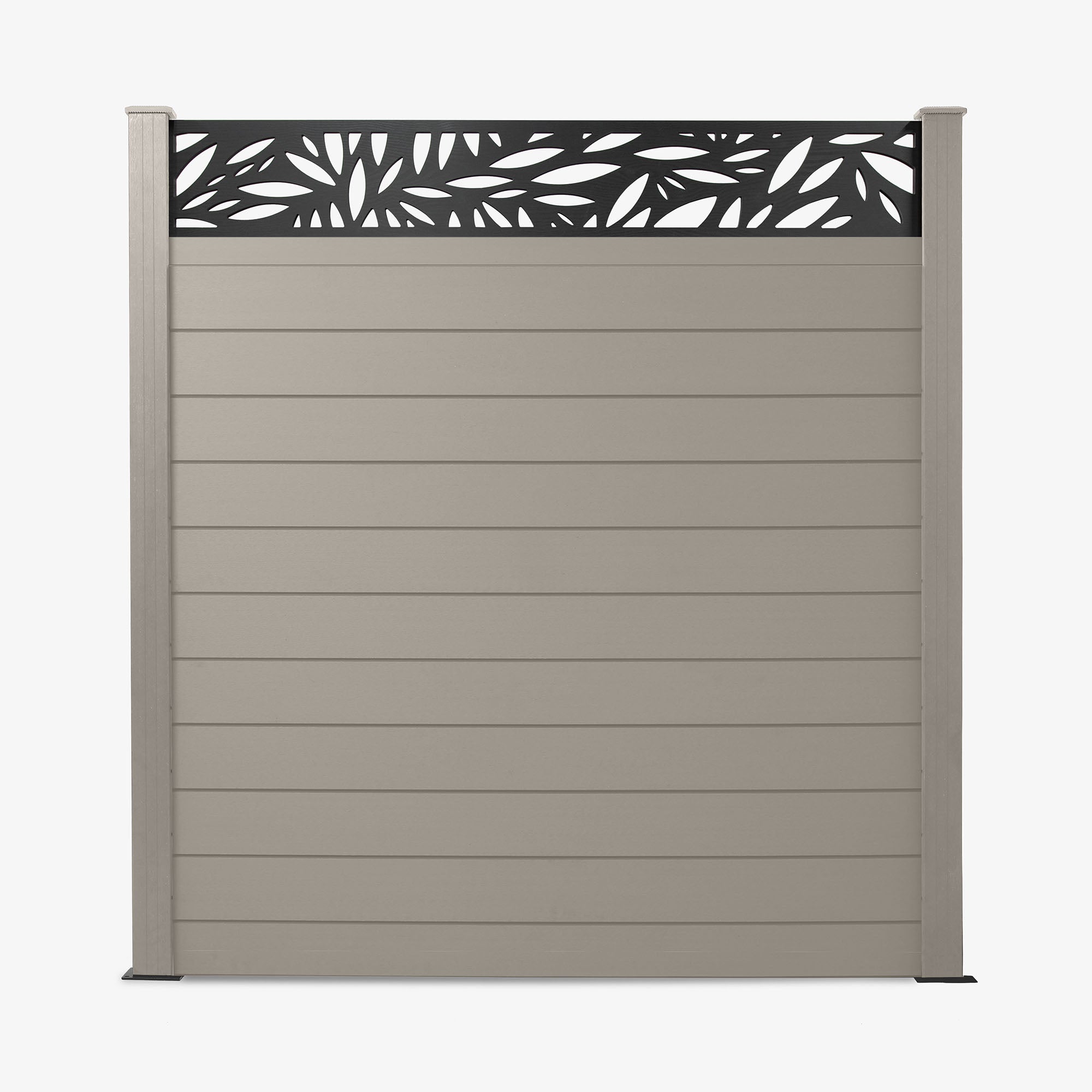 A light grey composite fence panel with a geometric leaf pattern trellis topper.
