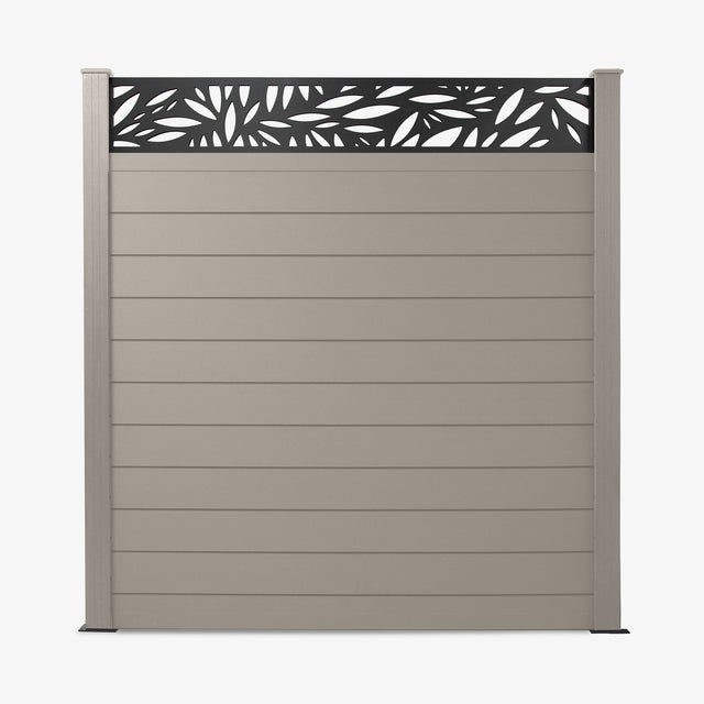 A light grey composite fence panel with a geometric leaf pattern trellis topper.