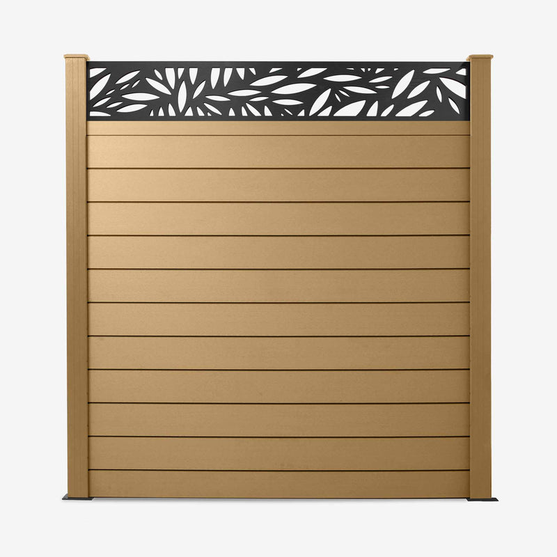 A light brown composite fence panel with a geometric leaf pattern trellis topper.