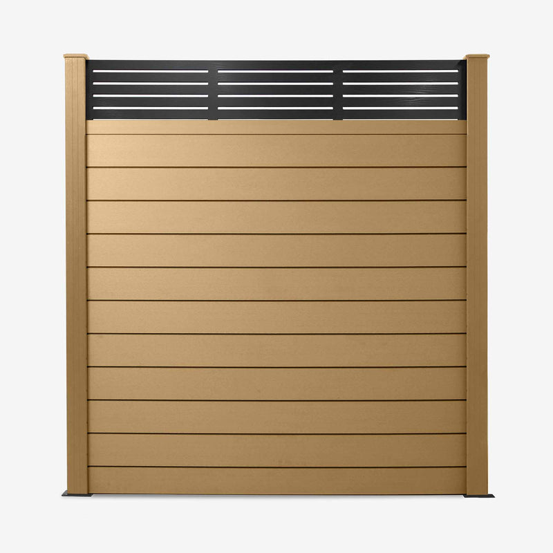 A light brown composite fence panel with a slatted trellis topper.