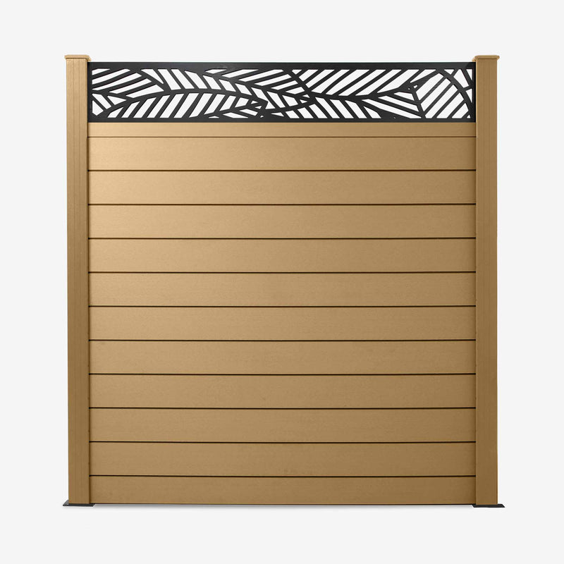 A light brown composite fence panel with a leaf pattern trellis topper.