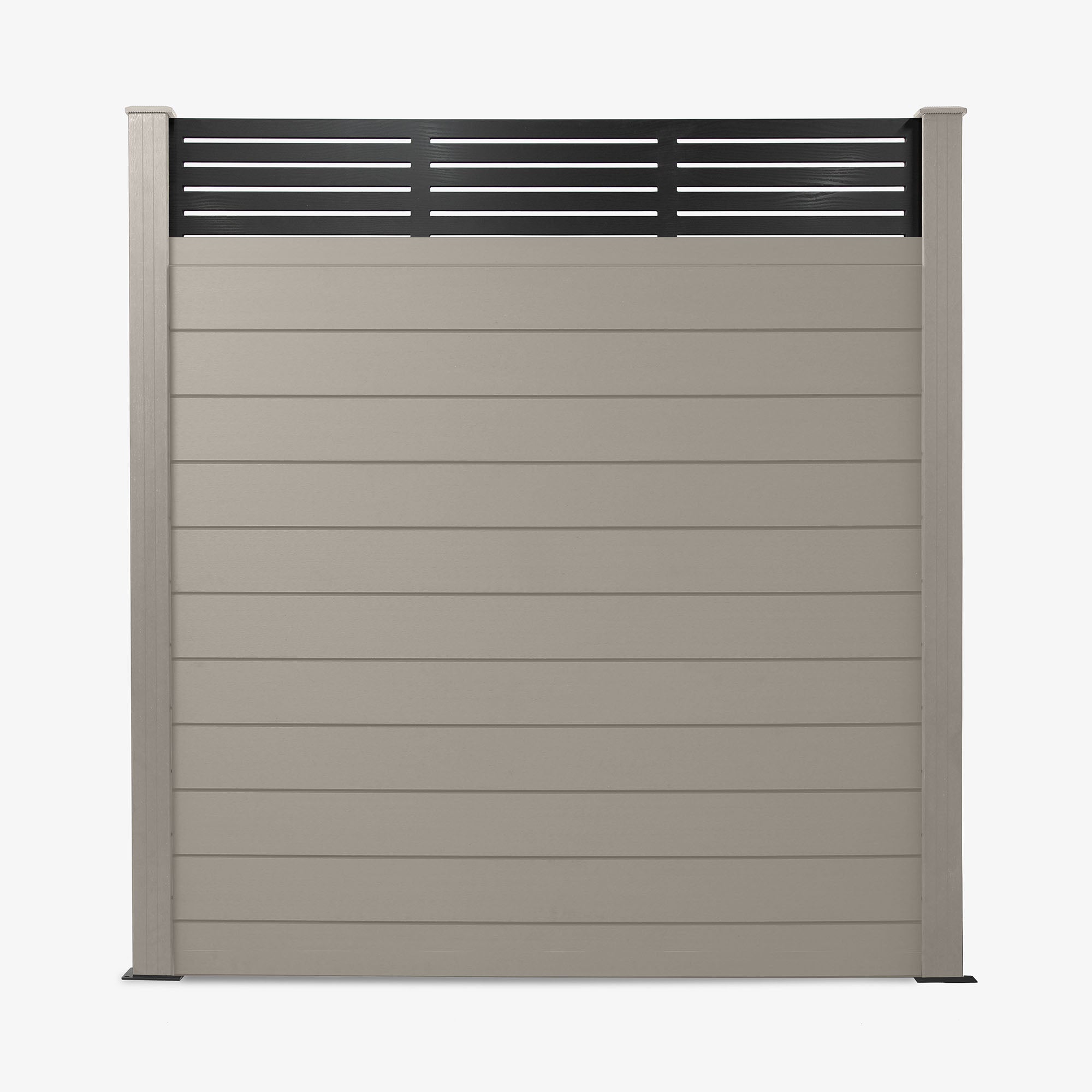 A light grey composite fence panel with a slatted trellis topper.