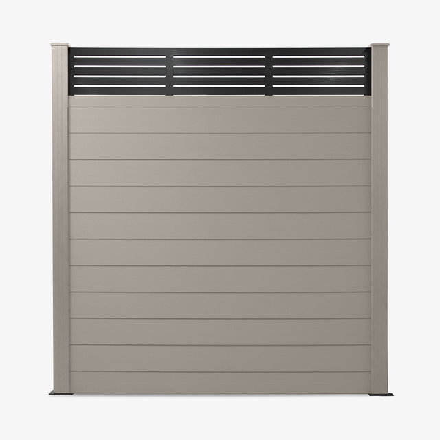 A light grey composite fence panel with a slatted trellis topper.