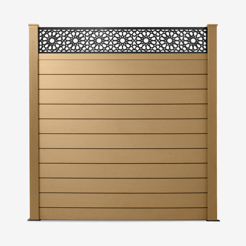 A light brown composite fence panel with a geometric pattern trellis topper.
