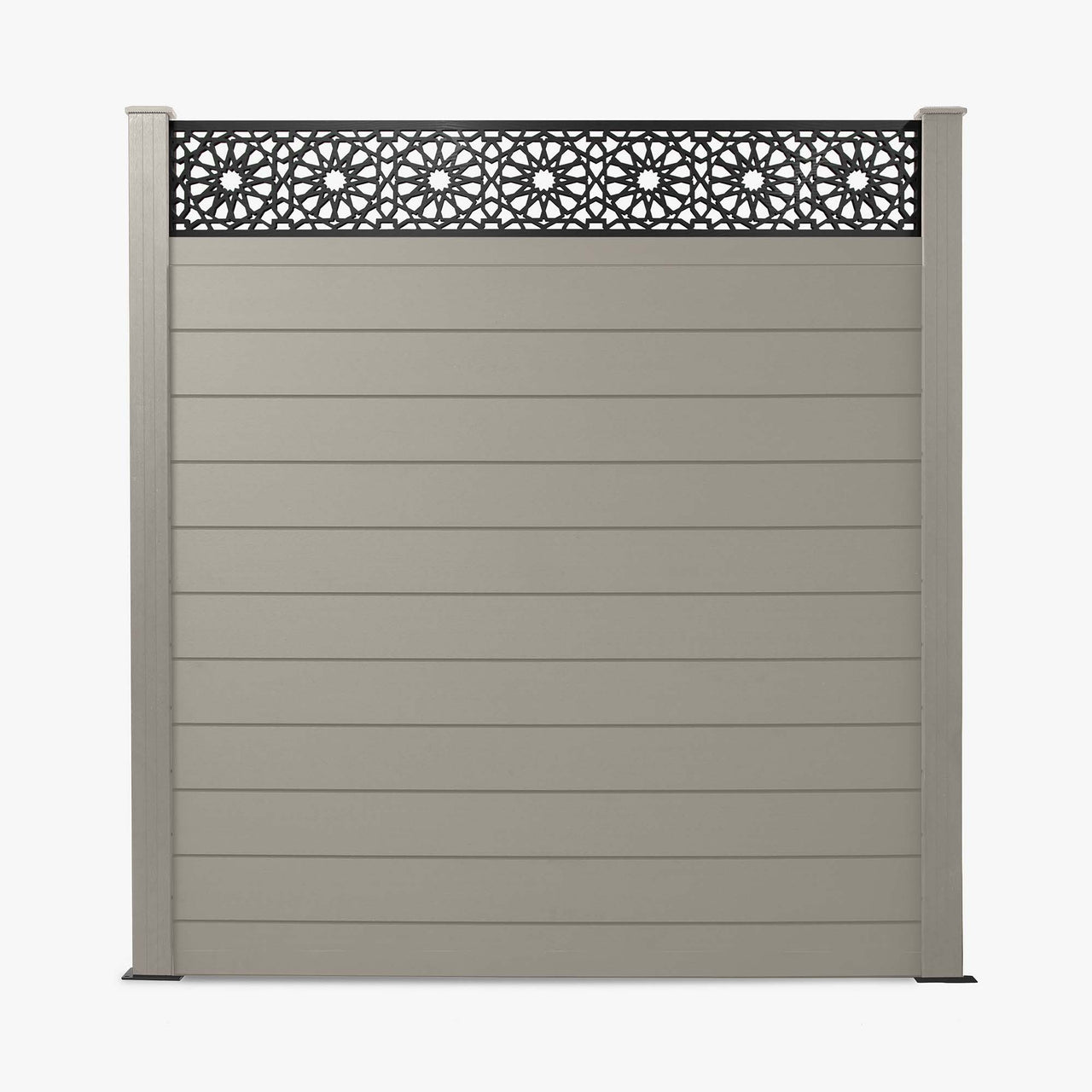 A light grey composite fence panel with a geometric pattern trellis topper.
