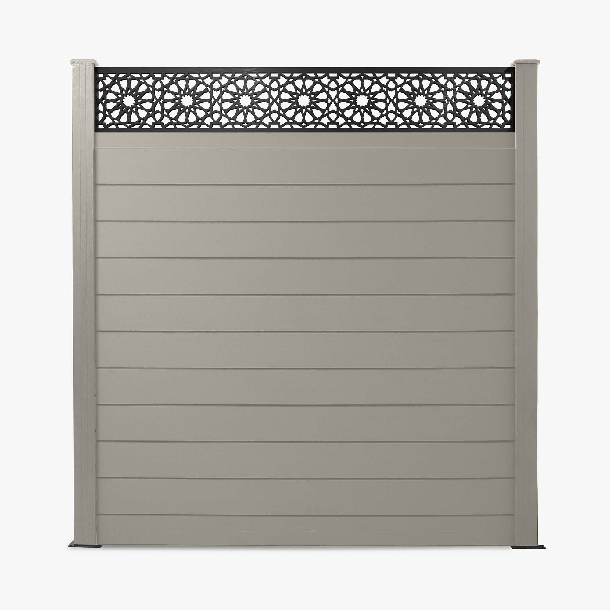 A light grey composite fence panel with a geometric pattern trellis topper.