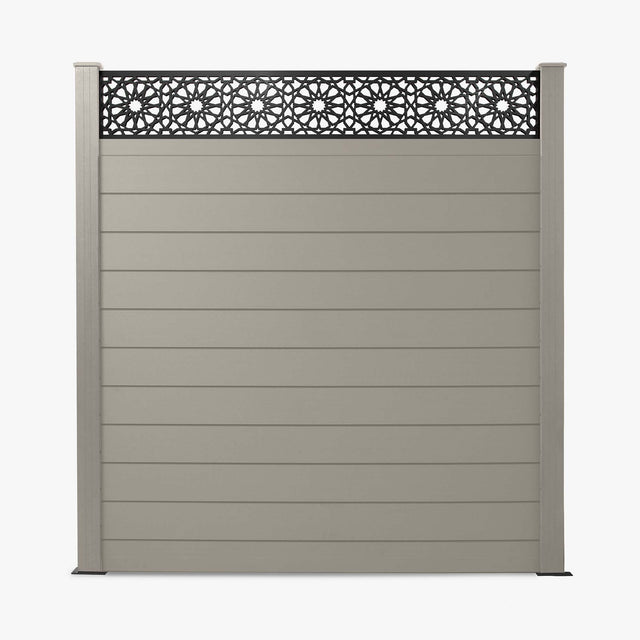 A light grey composite fence panel with a geometric pattern trellis topper.