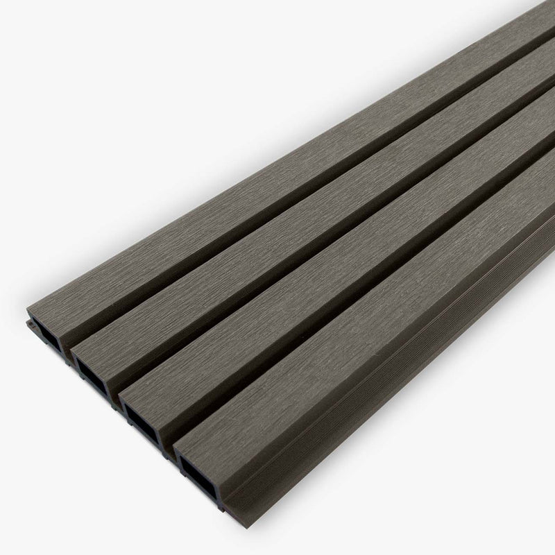Grey slat-style composite cladding board on a white background