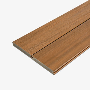 Two teak brown composite decking boards with a wood grain pattern, side by side on a white background.