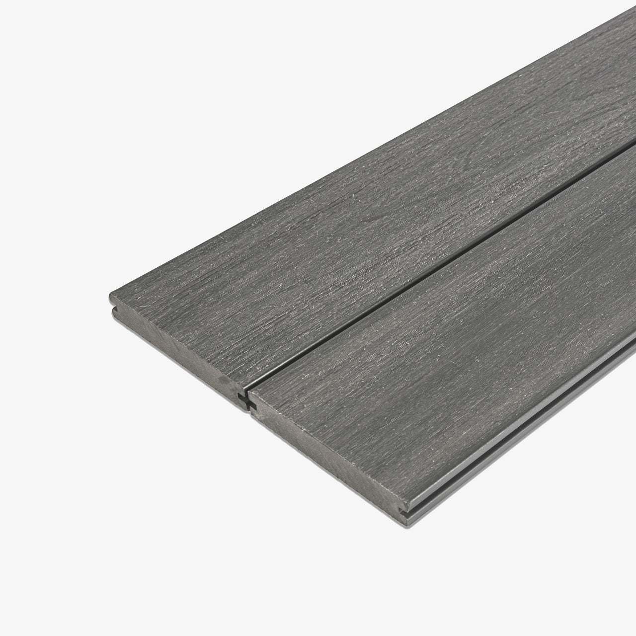Two slate grey composite decking boards with a wood grain pattern, side by side on a white background.